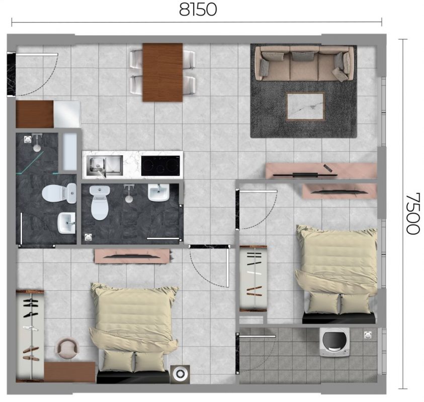 thiết kế căn hộ tecco felice tower tân uyên hội nghĩa 2 phòng ngủ