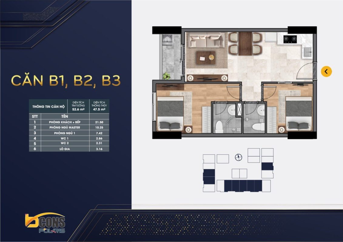 thiết kế căn hộ mặt bằng chung cư BCONS POLARIS 1 - 2 - 3 Phòng ngủ mẫu B123