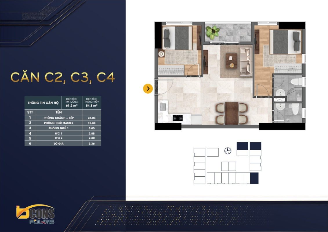 thiết kế căn hộ mặt bằng chung cư BCONS POLARIS 1 - 2 - 3 Phòng ngủ mẫu C234