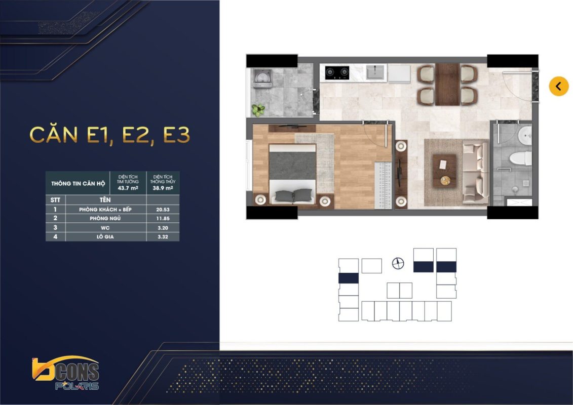 thiết kế căn hộ mặt bằng chung cư BCONS POLARIS 1 - 2 - 3 Phòng ngủ mẫu E123