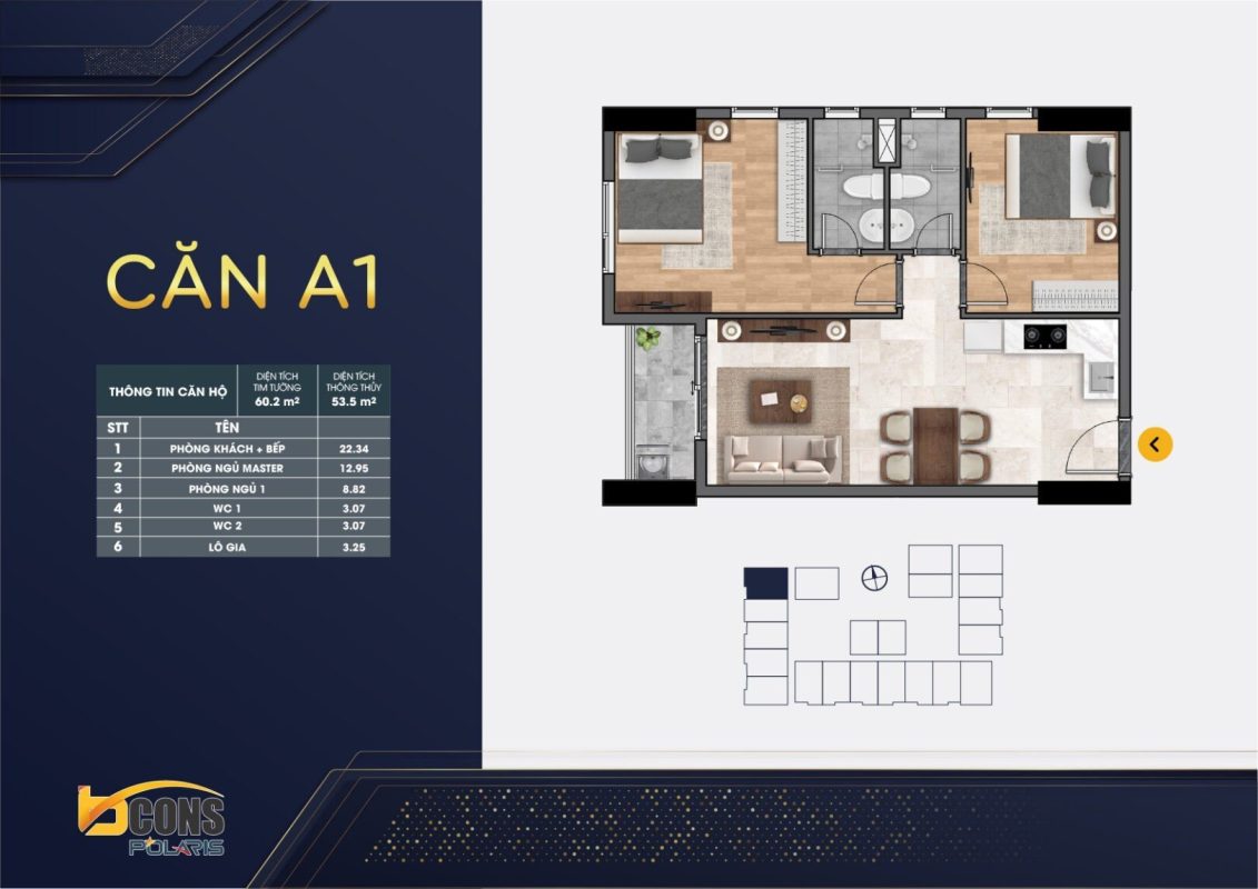 thiết kế căn hộ mặt bằng chung cư BCONS POLARIS 1 - 2 - 3 Phòng ngủ mẫu A
