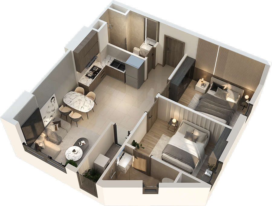 thiết kế căn hộ 2 phòng ngủ Fresia Riverside Tân Vạn