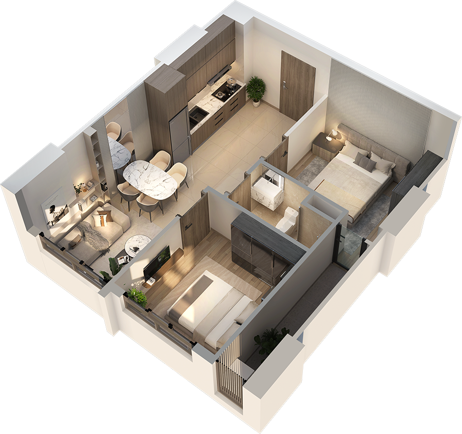 thiết kế căn hộ 2 phòng ngủ Fresia Riverside Tân Vạn