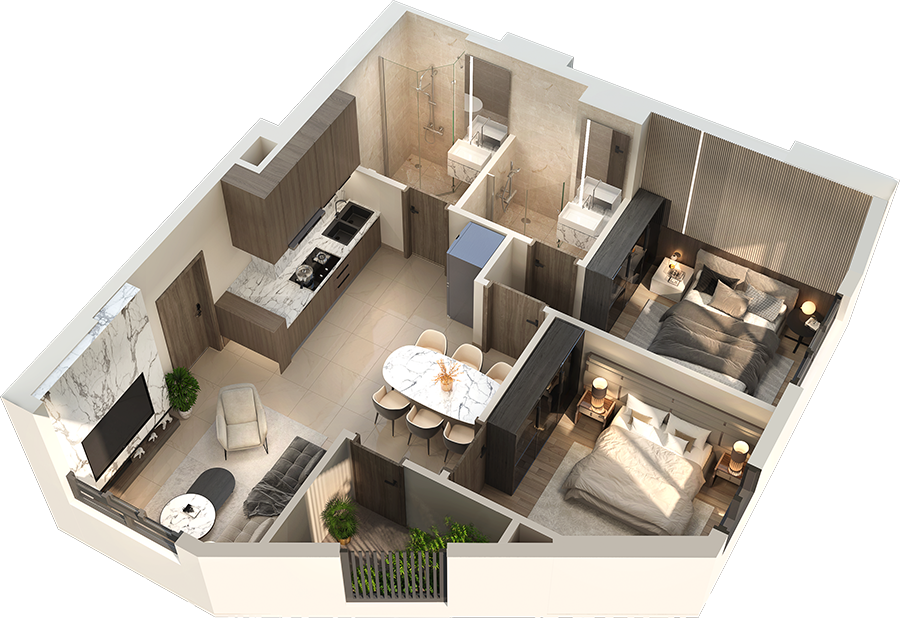 thiết kế căn hộ 2 phòng ngủ Fresia Riverside Tân Vạn